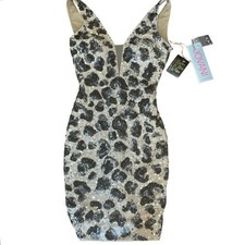 NWT Jovani Designer Sequin Leopard Mini Dress Nude Black Silver Sz 00 Open Back