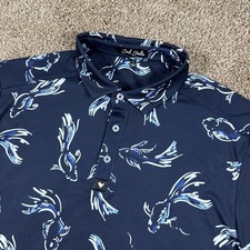Bad Birdie Polo Shirt Mens Large L Blue Koi Fish Print Golf Performance Stretch