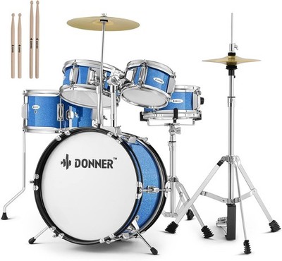 Donner 5-Piece Kids Drum Set for Beginners 14'' Junior Drum Kit Adjustable Thrown