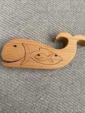 Hand Crafted Wooden Whale With 2 Eaten Fish In belly