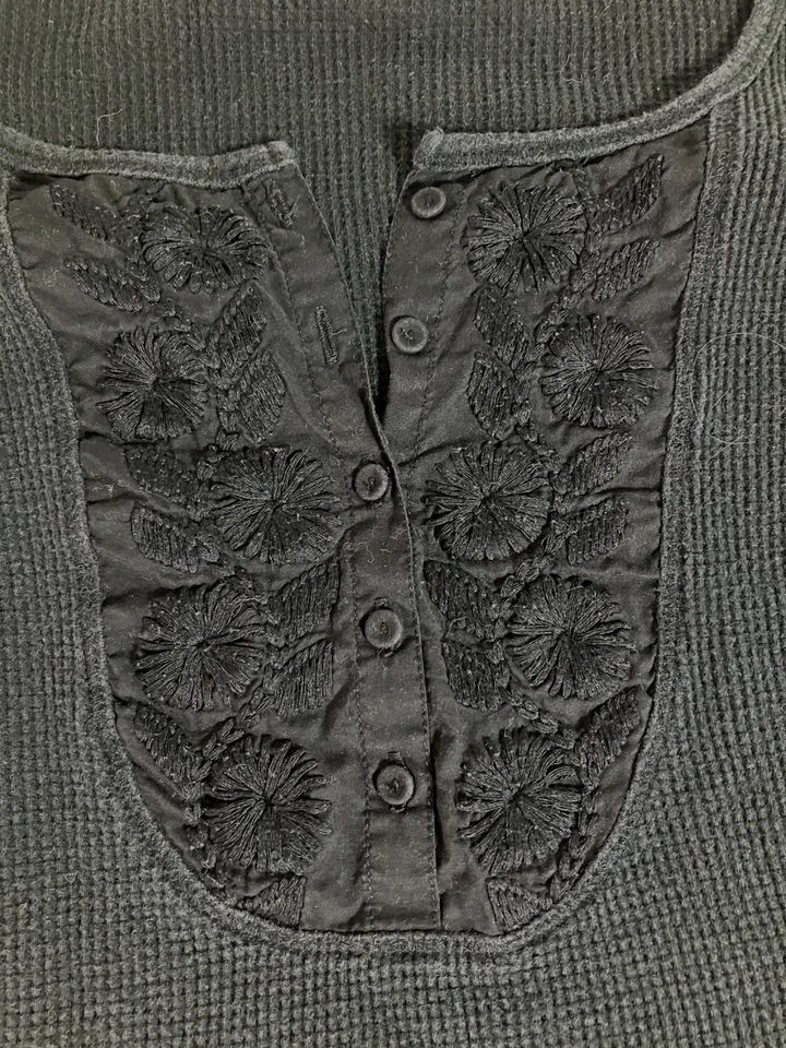 Top Lucky Brand Mujer XL Grande Tejido Waffle Manga Larga Grunge Bordado Negro Foto 3 de 4