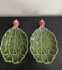 Olfaire Portugal Majolica Green Leaf Radish Two Serving Plates, Vintage 1980s
