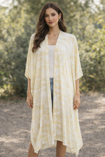 Caftan Kimono Duster Yellow White Viscose OSFM Lightweight Boho Resort Tropical