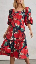 Farm Rio x Anthropologie Jamila Midi Dress Size M Red Puff Sleeves Floral Cotton