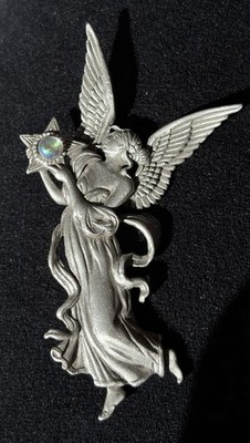 JJ Signed Angel with Star Brooch Silver/Pewter Tone Metal Pin