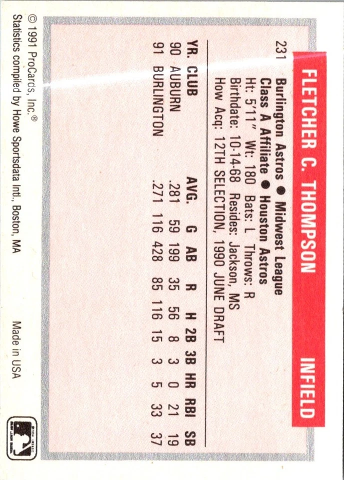 1991 ProCards Fletcher Thompson #231 Burlington Astros Baseball Card - Image 2 of 2