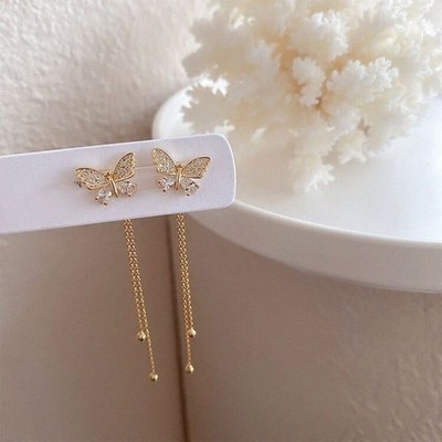 Elegante Schmetterling Ohrstecker mit Diamant besetzt und langen Quasten für Ge
