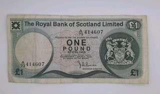 1974 The Royal Bank of Scotland UK 1 Pound Banknote Serial No. A73 414607