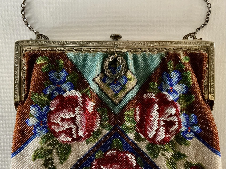 Старинный микро бисером сумка сумочка с розами и бахромой Германии 1920-х ар-деко ExC - Изображение 3 из 4