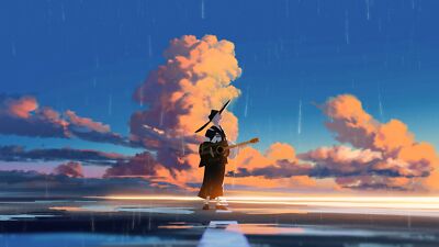 Anime clouds sky guitar rain standing hat musical Playmat Gaming Mat Desk