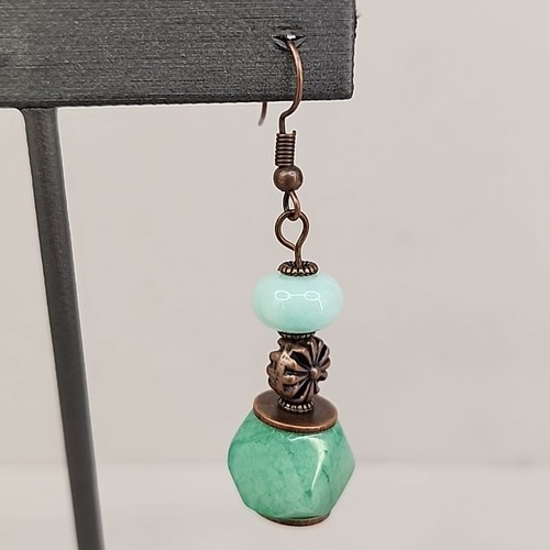 Beaded Necklace Pierced Earrings Set Green Aventurine Copper Curb Chain 21 in - Picture 9 of 22