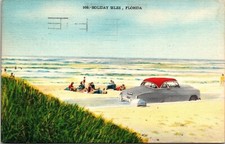 Holiday Isles Florida Old Cars Ocean Beaches Linen Cancel WOB Postcard