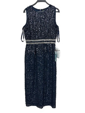 MAC DUGGAL Sleeveless High Neck Beaded Sequin Midi Sheath Dress Navy Blue Size 8