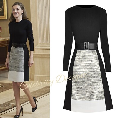 Queen Letizia Inspired Black Rib-knit Top & Belted Colorblock A-line Skirt Set