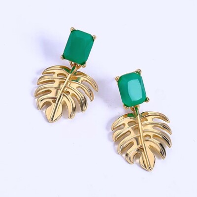 ZARD Palm Tree Leaf Green Crystal Drop Dangle Earrings in Goldtone