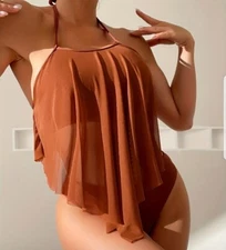 2pc Swim Set Sheer Ruffled Long Pleated Trim High Halter Neck High Cheeky Rust L