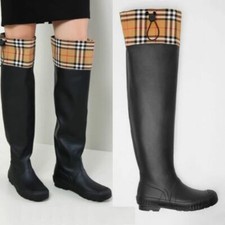 F0 NEW BURBERRY LONDON Plaid Check Drawstring Cuff Tall Rain Boots Size 35 611