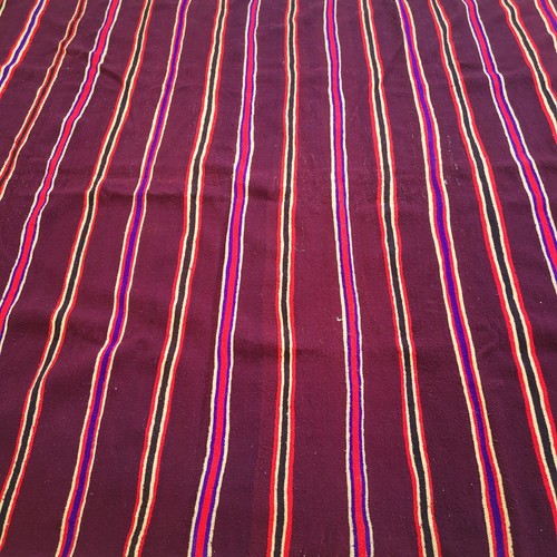 Vintage Handmade Moroccan Fringe Rug Burgundy Striped Beige Wool Carpet - Picture 11 of 24