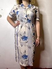 Vintage 1980s Floral Summer Day Dress Sheer Polyester Collared Blue AU 14