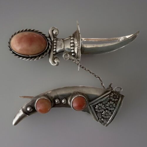 Vintage Mexican Sterling Silver Coral Sword & Sheath Dual Brooch - Picture 2 of 5