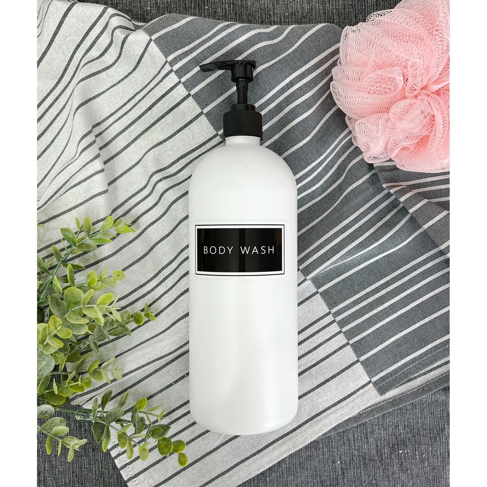 White Plastic Shower Pump Bottles Set of 3; 32oz for Shampoo, Body Wash