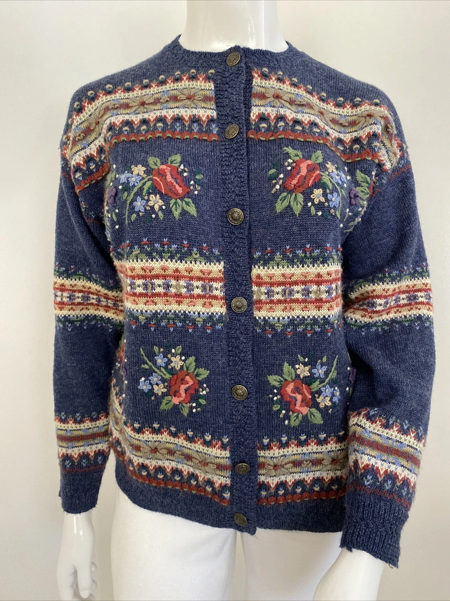 Vintage Katies 16 18 XXL 30 Wool Knit Cardigan Blue Floral Embroidery