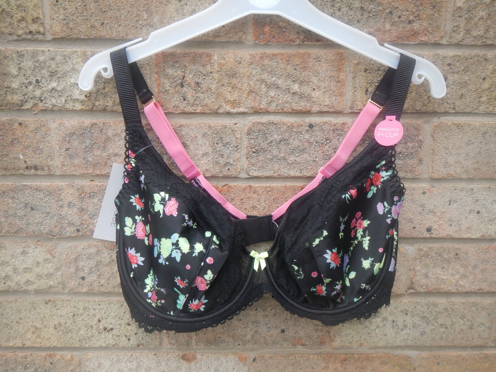 M & S BOUTIQUE BLACK SATIN FLORAL BRA , UNDERWIRED , SIZE 34F NWT