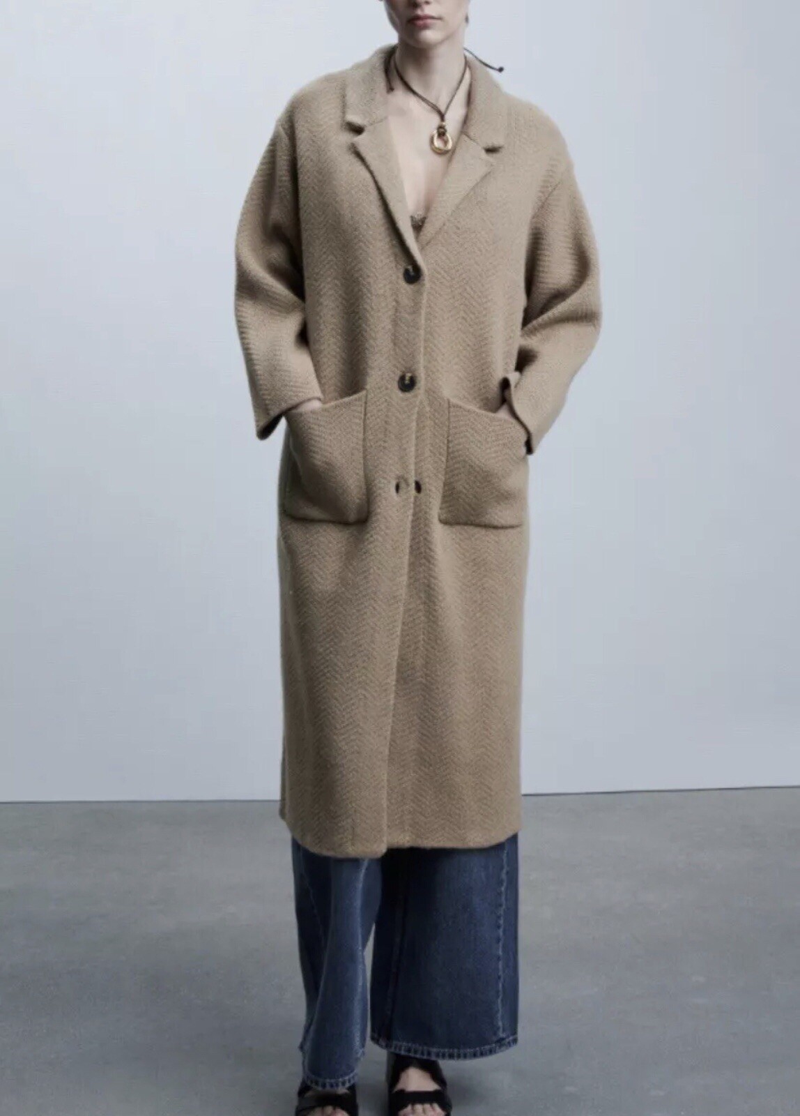 ALTRA CAPPOTTO ZARA MAGLIA TESTURIZZATA MARRONE TAUPE TASCHE NUOVO FW24 TAGLIA S REF. 5755 127