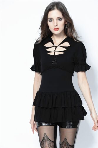 DARK IN LOVE Kurzarm Shirt mit Schößchen Schnürung Gothic Top Damen Schwarz  - Bild 1 von 9