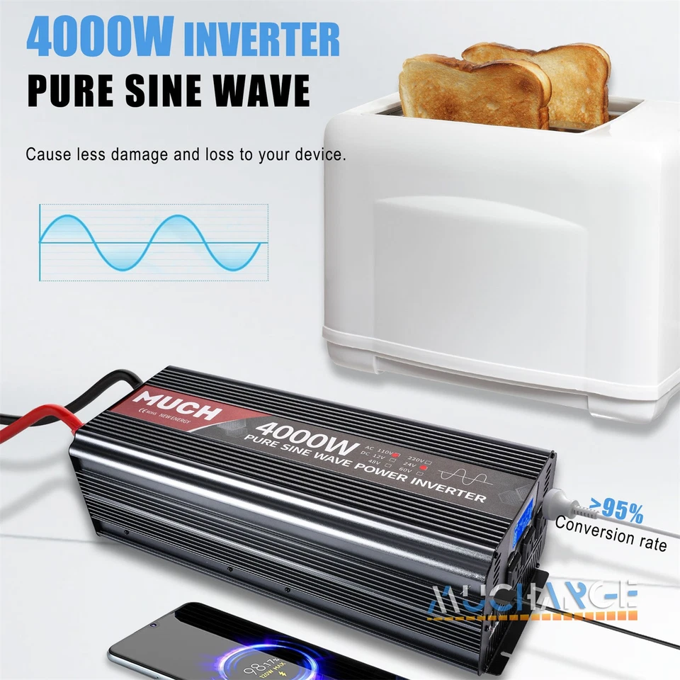 2000W 3000W 4000W Pure Sine Wave Power Inverters, DC 12V 24V to AC 110V 120V LCD - Image 3 of 4