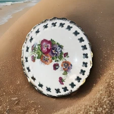 VTG Porcelain Handpainted Reticulated Floral Trinket Dish Footed 4” Gold Rim
