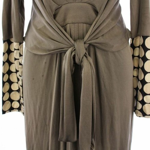 ISSA LONDON Dress Midi Length Long Sleeve Dot Pattern Silk UK8 Khaki BM Used d7b - Picture 7 of 9