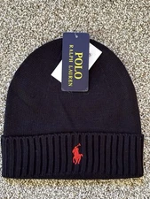 Polo Ralph Lauren Beanie Hat Ribbed Brim Knit Men Women Dark Navy Blue FREE SHIP