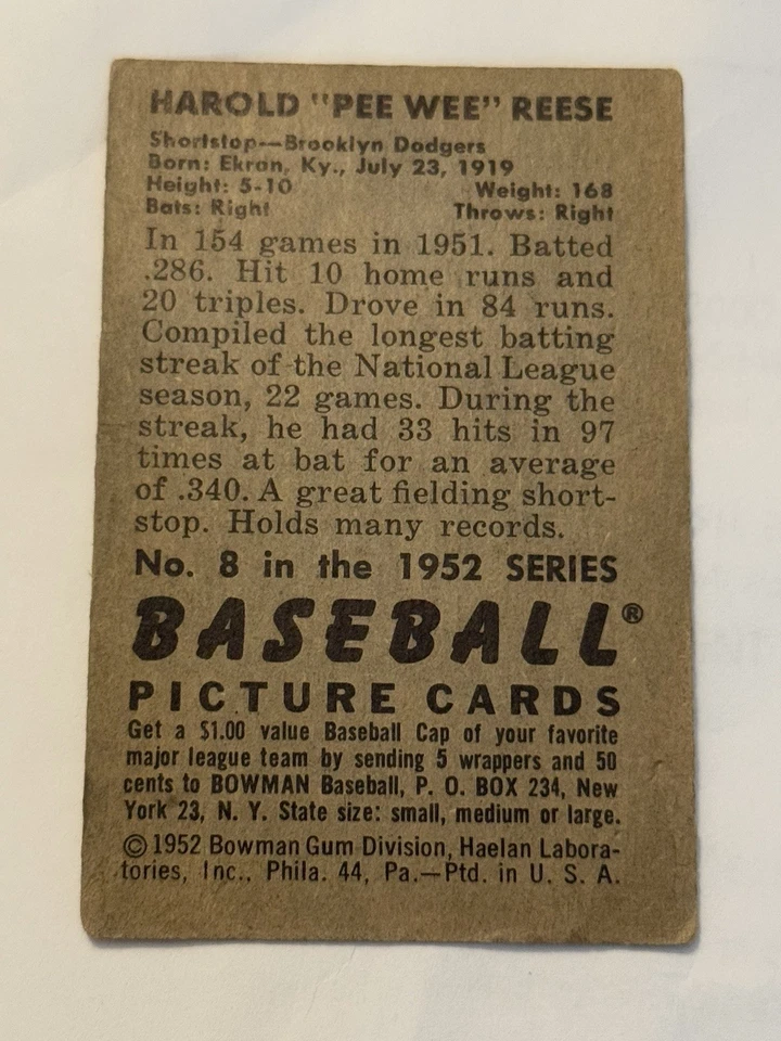 1952 Bowman Baseball No8 Pee Wee Reese VG/EX Brooklyn Dodgers, Зал славы - Изображение 2 из 2