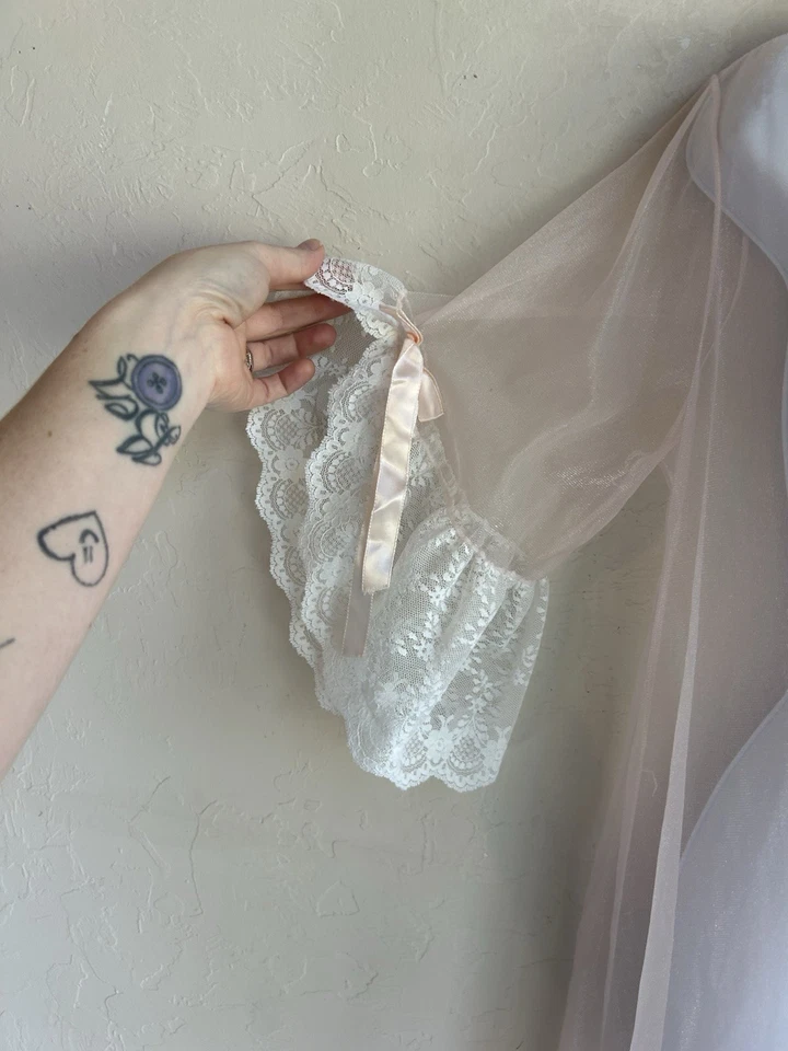 Vintage 60s 70s Sheer Nylon Long Pegnoir Robe S Pink Coquette Ethereal Lingerie - Image 3 of 4