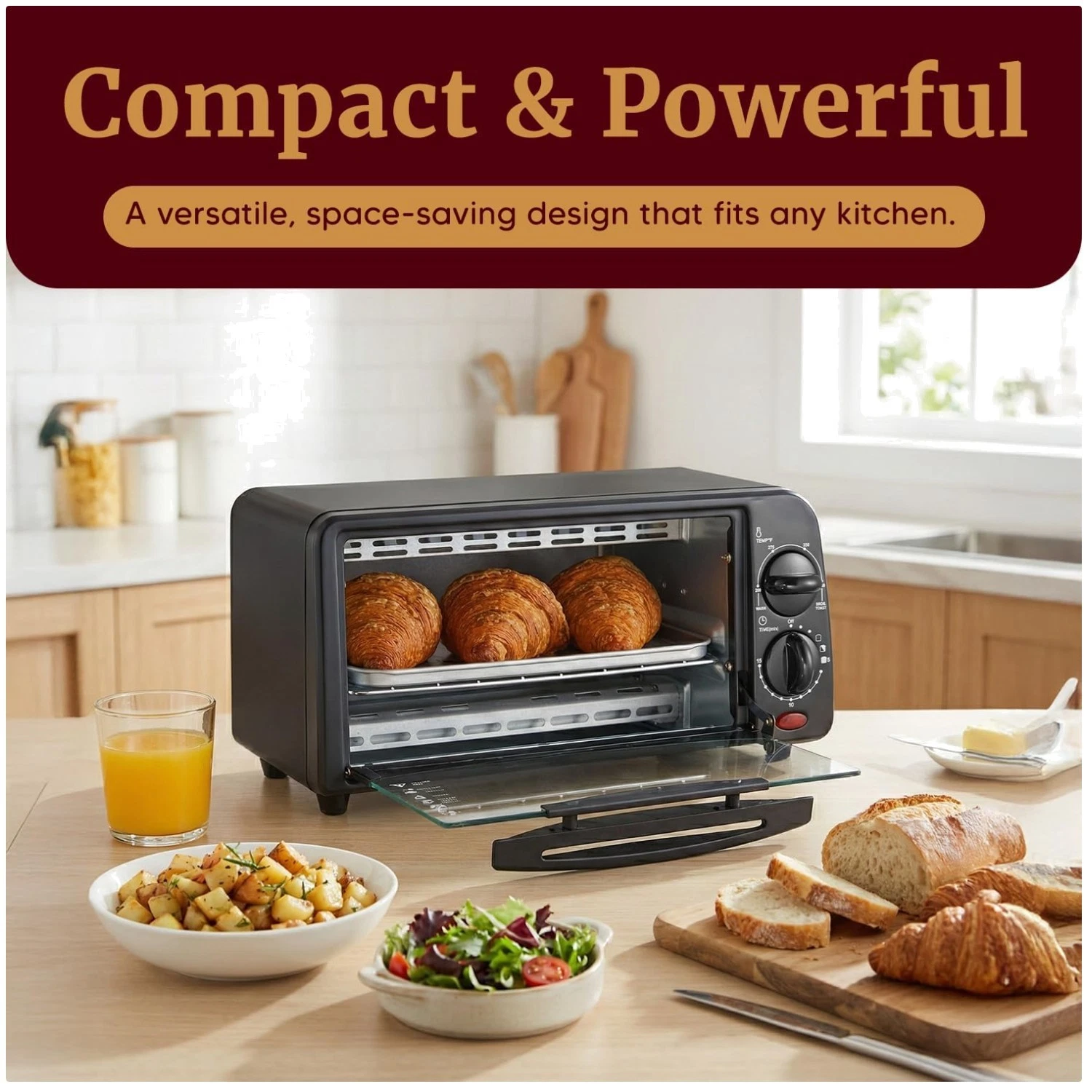 Compact 2 Slice Toaster Oven, Adjustable Timer & Temperature