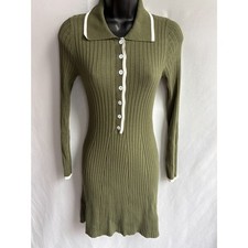 Knit Button Front Mini Dress Flare Army Green S Preppy Academia Office Career