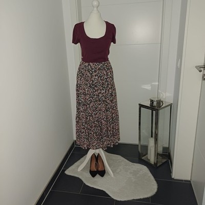 Neu sommer set Esprit Sweatshirt weinrot S 36 38 Midirock stufenrock Blumen Top