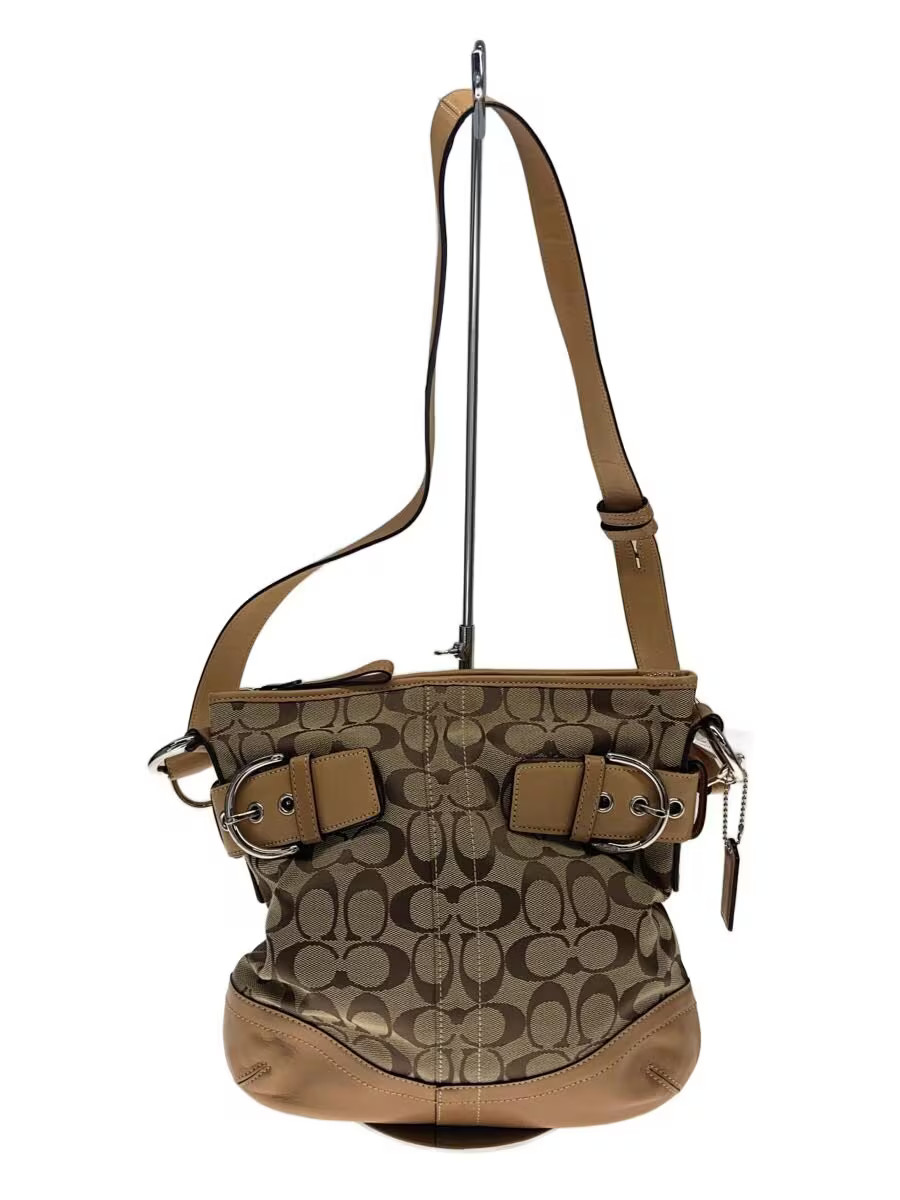 COACH Shoulder Bag Signature Beige Leather Canvas BEG Allover