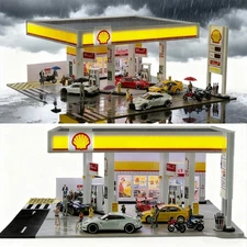 Diorama 1:64 Diecast Car Garage Model LED Light City Street Gas Station Display