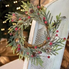 New Primitive Christmas FROSTED MOUNTAIN PINE RED BERRY CANDLE RING Wreath