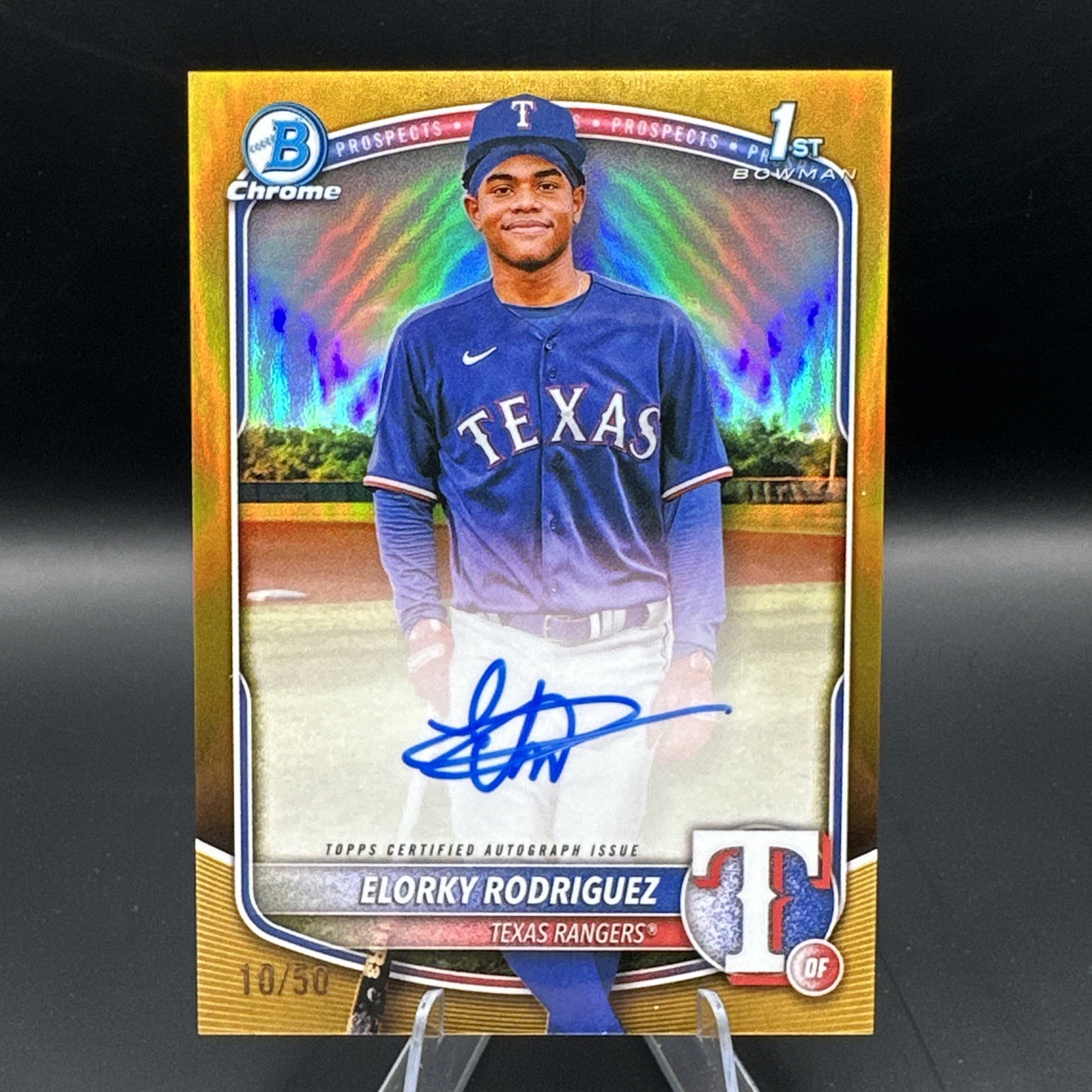 2025 Bowman Chrome 1st Elorky Rodriguez TRUE GOLD Refractor Auto 10/50 Rangers
