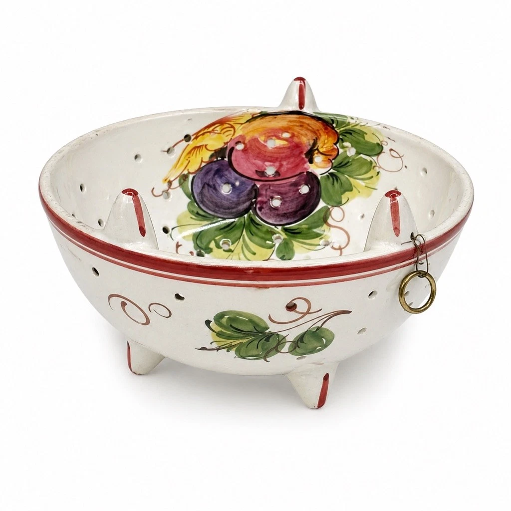 Italian Ceramic Colander Bowl Bassano Italy Hand Painted Fruit Footed Strainer