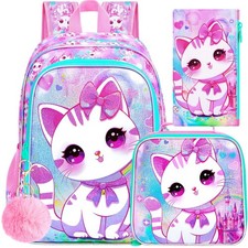 3PCS Cat Backpack for Girls 16 Inch Bookbag with Lunch Box School Bag