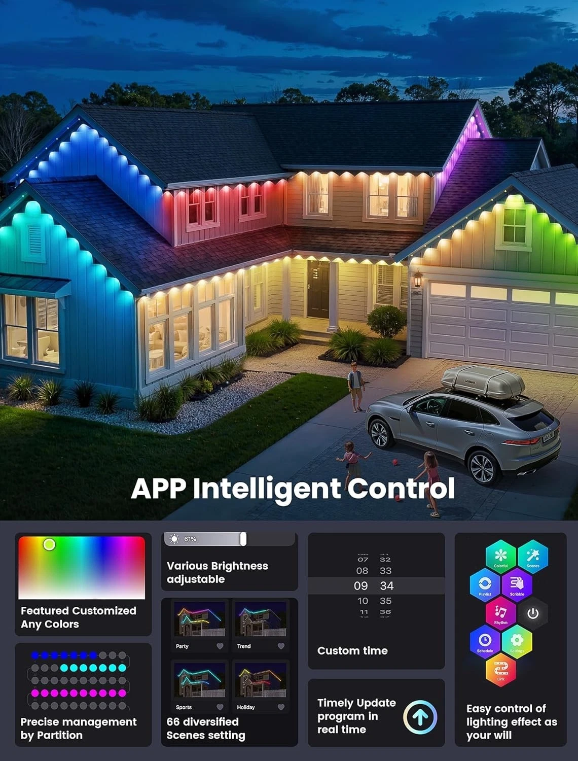 Qunlight 50FT Permanent Outdoor Lights, 66 Scene Modes Smart RGBW+IC Outdoor