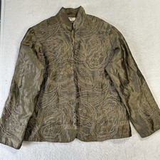 Anu Womens Size L Brown Silk Embroidered Long Sleeve Blazer Top V2 
