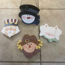 Set Of 4 Seasonal Holiday Themed Jar Lids Uncle Sam Snowman Bunny Scarecrow