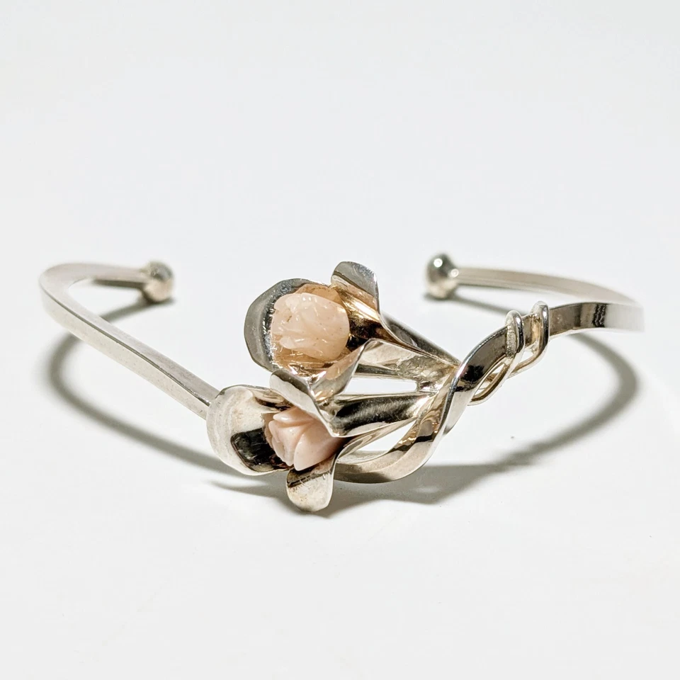 Juego de joyas artesanales de plata esterlina rosa coral flor brote usado Foto 3 de 4