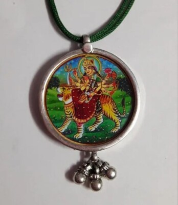 92.5 Sterling Silver Hindu Deity Goddess Durga Maa Photo Print Bell Pendant
