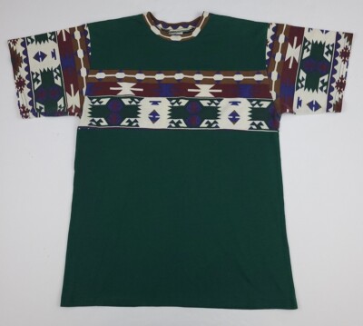 Vintage 90s Aztec Southwest Native Pattern Cut Sewn T Shirt Vtg USA Multicolor 